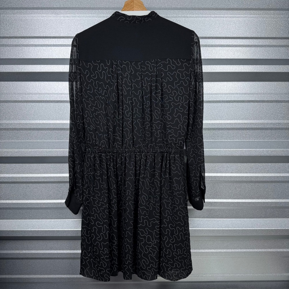 Club Monaco Black Abstract Print Chiffon Long Sleeve Drawstring Dress Size 6 - Picture 8 of 12